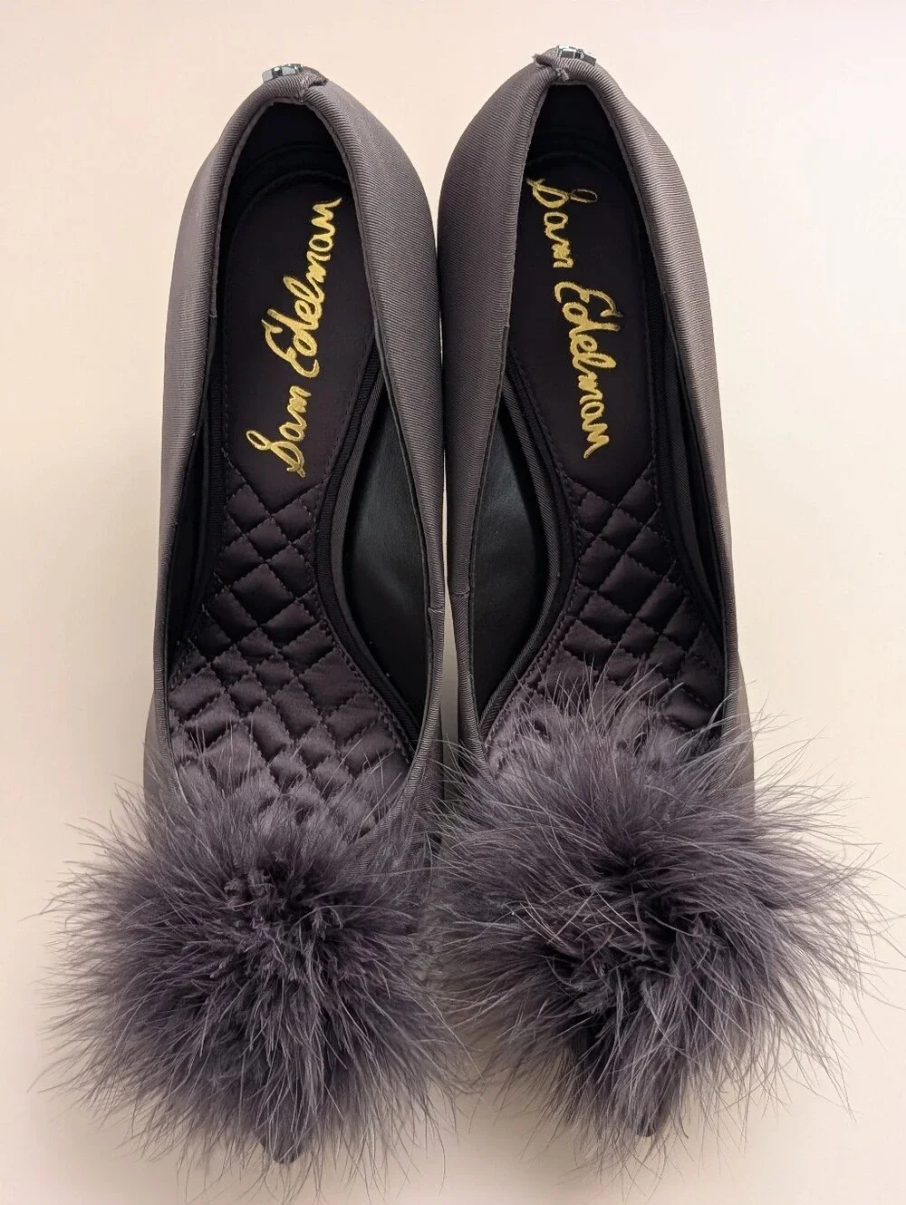 NWT Sam Edelman Hazel Feather Embellished Pumps Cocoa Satin Size 8 MSRP $165